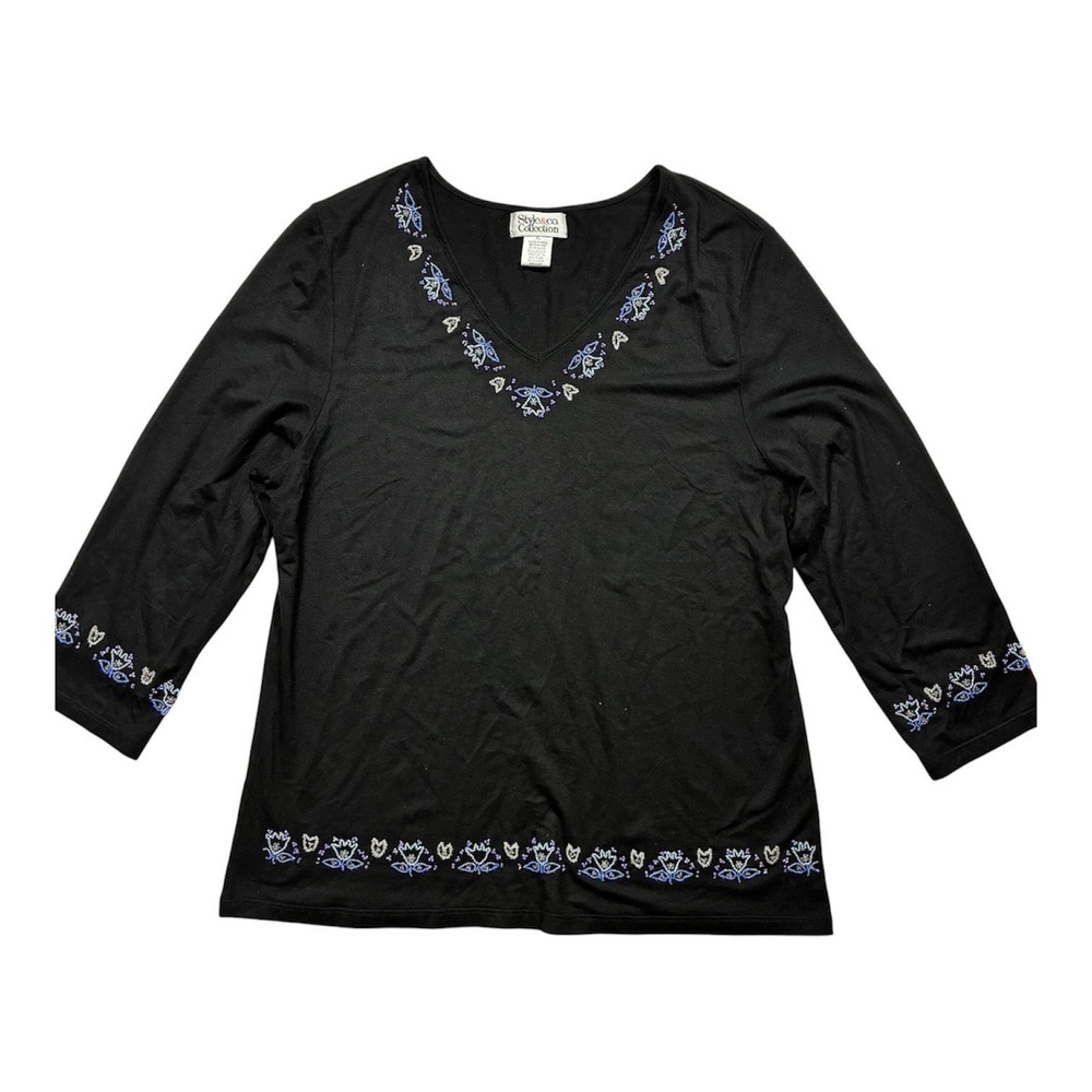 Women's Vintage Black Beaded Embellishment 3/4 Sleeve Top XL Stretch Casual